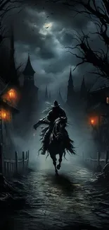 Dark fantasy scene with horse rider in a moonlit spooky village.