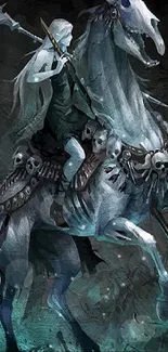 Fantasy horse rider with ghostly figures in dark cyan tones.