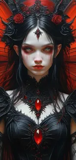 Mysterious gothic butterfly queen with ornate red and black wings.