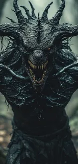 Sinister demon creature in dark forest setting.