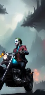 Masked motorcyclist in a dark, mystical fantasy landscape.