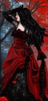 Mysterious woman in red dress amidst a dark, atmospheric forest setting.