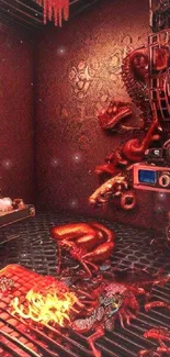 Dark fantasy red room with intricate patterns and surreal decor.