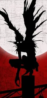 Silhouette of a creature with wings against a red moonlit background.