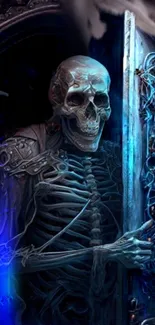 Skeleton art in blue light, dark fantasy mobile wallpaper.