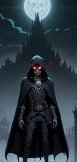 Skeleton with red eyes in front of a spooky castle.