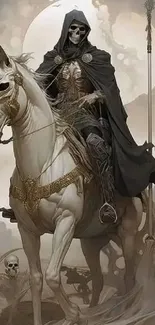 Dark fantasy art of skeleton rider on horse.