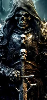 Dark fantasy skeleton warrior with armor and sword wallpaper.