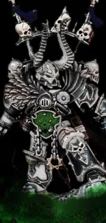 Dark fantasy skeleton warrior with silver armor and green accents.