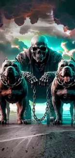 Dark fantasy wallpaper with skull-headed figure and bulldogs.