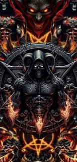 Dark fantasy skull-themed wallpaper with fiery accents.