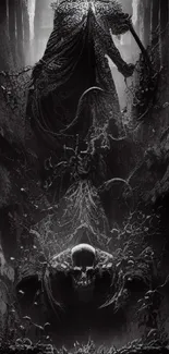 Dark fantasy artwork with a cloaked figure and skull theme, perfect for phones.