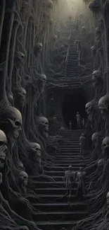 Dark fantasy wallpaper with skulls and staircase, creating an eerie atmosphere.