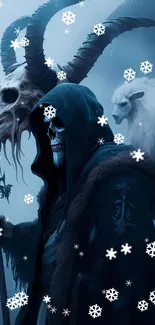 Hooded figure with skull mask in dark misty fantasy wallpaper.