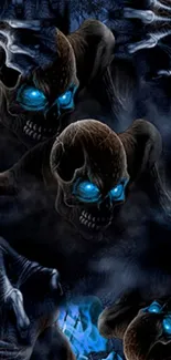 Dark fantasy skulls with glowing blue eyes on a mobile wallpaper.