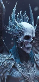 Dark fantasy art showcasing a skull warrior with ethereal wings in a gothic style.