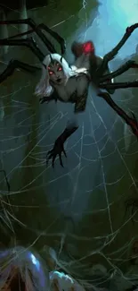 Dark fantasy spider queen in eerie forest with glowing red eyes.