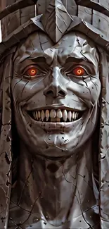 Gothic statue with glowing eyes, eerie design.