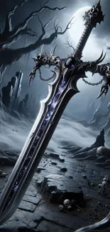 Dark fantasy sword set in a mystical landscape with gothic elements.