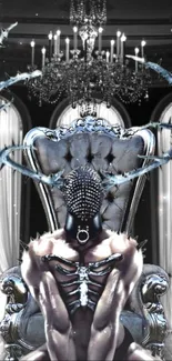 Gothic figure on a luxurious throne in a dark room with chandelier.