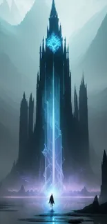 Dark fantasy tower with mystical blue light.