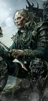 Dark fantasy warrior holding a skull in mystical armor setting.