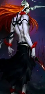 Dark fantasy warrior with red hair holds a sword in a vibrant, mystical setting.