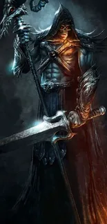 Dark fantasy warrior art with sword and armor.