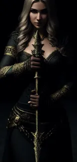 Dark fantasy warrior with sword in intricate costume, set against a shadowy background.