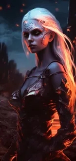 Dark fantasy warrior with white hair in a fiery landscape.