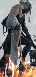 Dark fantasy warrior holding a woman with skeletal figures around.