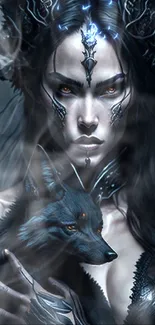 Dark fantasy warrior with a mystical creature, featuring gothic elements.