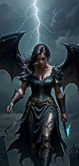 Dark fantasy warrior with wings in stormy setting.