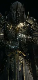 Dark fantasy warrior in intricate armor set against a dark background.