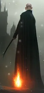 Cloaked warrior with sword and fire in a dark fantasy setting.