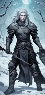 Dark fantasy warrior with detailed armor in a mystical winter landscape.