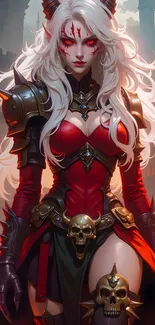 Fantasy warrior woman in gothic armor with red accents.
