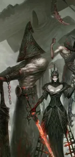 Dark fantasy warrior queen with armored figures and swords.