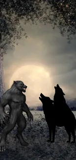 Fantasy wallpaper depicting a werewolf and wolves under a full moon in a mystical setting.