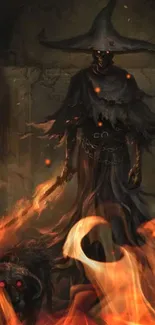 Dark fantasy wizard with creatures wallpaper, fiery and mystical.