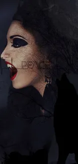 Dark fantasy wallpaper with wolf silhouette and mysterious woman.