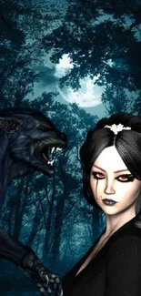 Dark fantasy wallpaper with a werewolf and mysterious woman under a moonlit sky.