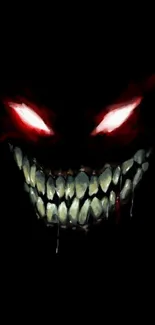 Sinister grin with glowing red eyes on a dark background.