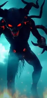 Dark fiery demon with glowing eyes and supernatural aura.