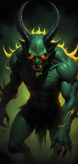 A fierce demon with glowing eyes and dark green skin in a fantasy illustration.