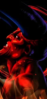 Fiery red devil artwork with a dark background.