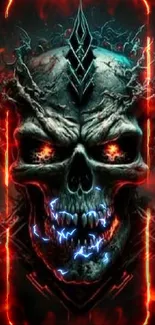 Dark fiery skull art wallpaper with gothic elements for mobile screen.