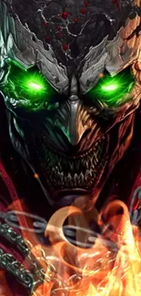 Skull with glowing green eyes surrounded by flames and chains wallpaper.