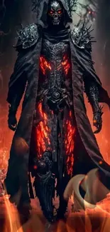 Dark warrior in fiery gothic armor with mystical flames.