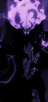 Dark warrior with purple flames in dramatic wallpaper.